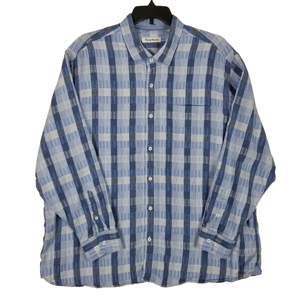 Tommy Bahama Button Front Shirt Mens 2XLB Blue Plaid Linen Blend Long Sleeve